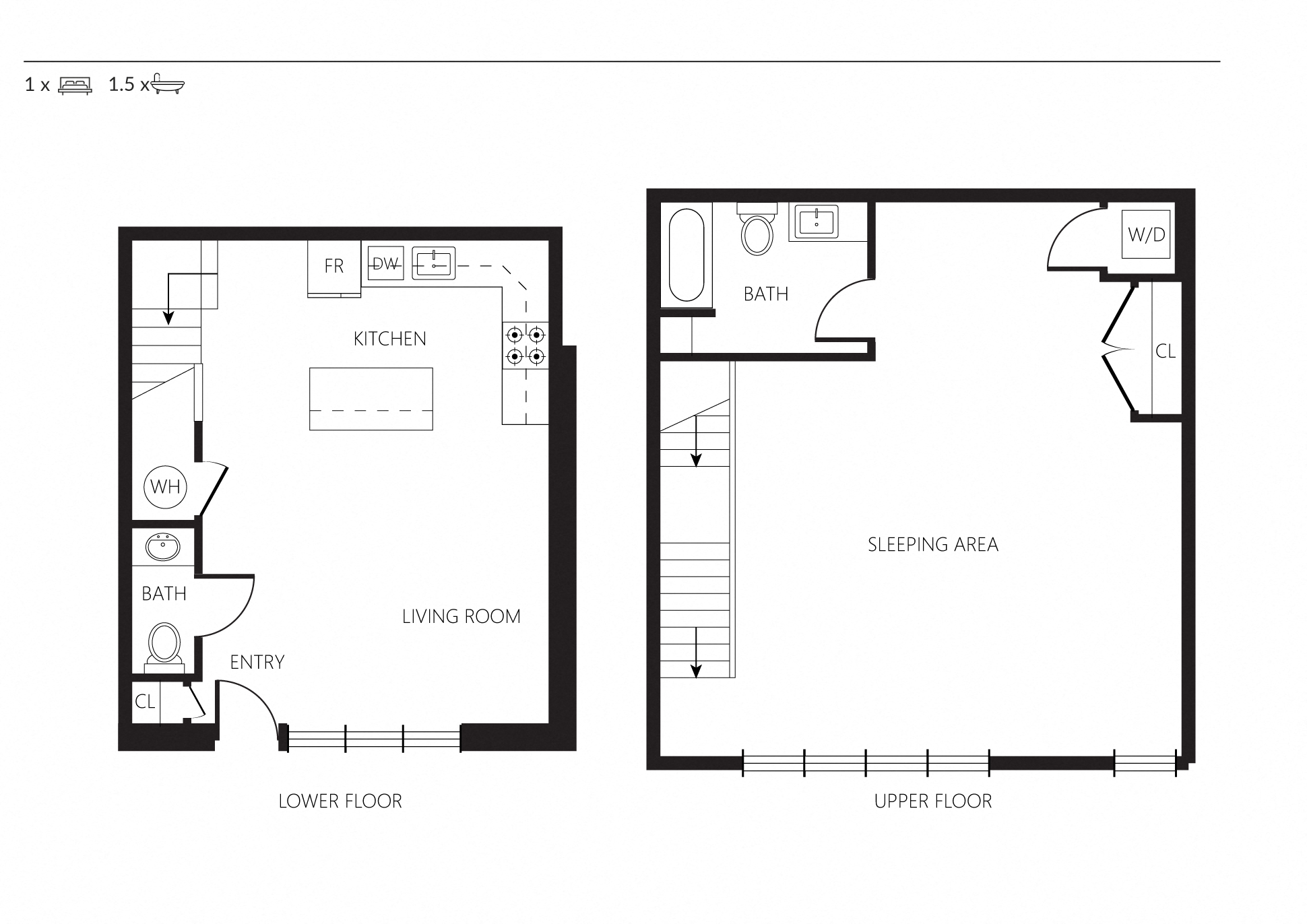 Floor plan for 1 bed, 1.5 baths, 1246 sqft